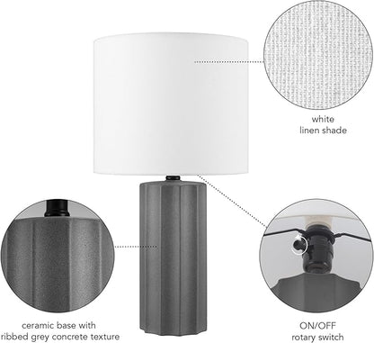 GLOBE Electric 61000061 20" Ribbed Ceramic Table Lamp, Dark Gray Concrete Finish, White Linen Shade, On/Off Rotary Switch on Socket, for Living Room, Bedroom, Office, Home Décor