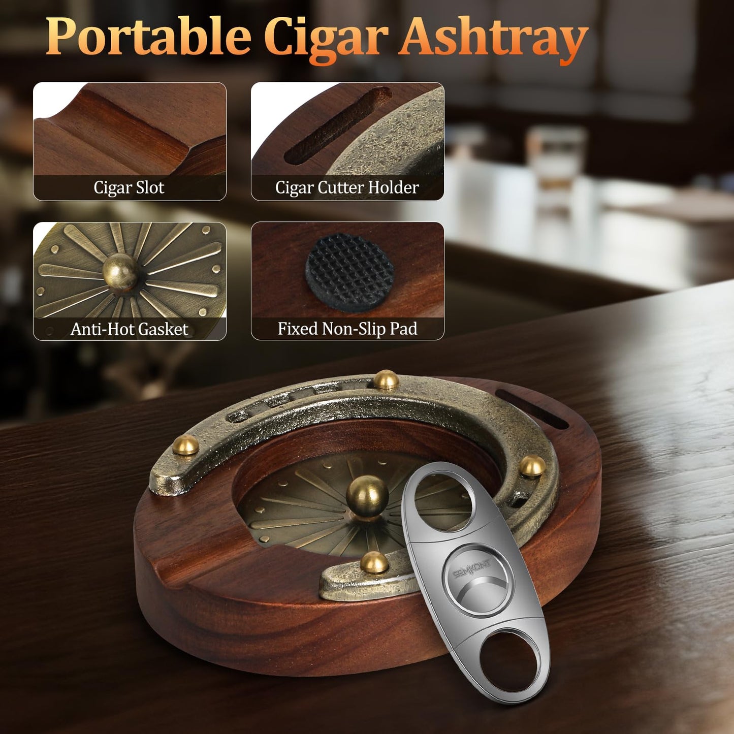 SEMKONT Cigar Ashtray, Horseshoe Wooden Portable Ashtray with Cutter, Zinc Alloy Anti-scald Gasket, Cigar Slot and Holder for home, office, bar and outdoor (Brown-Portable Ashtray)