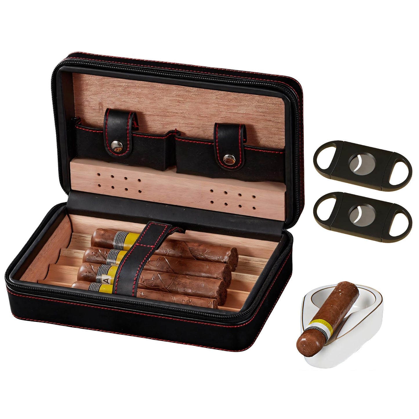 Cigar Case,Travel Humidor,4 Pack Black Cedar Wood Leather Case with Cigar Cutter,Humidifier,Ashtray and Towel for Men Home and Travel,Desktop Large Electric Cabinet,Holder Box Accessories as Gift