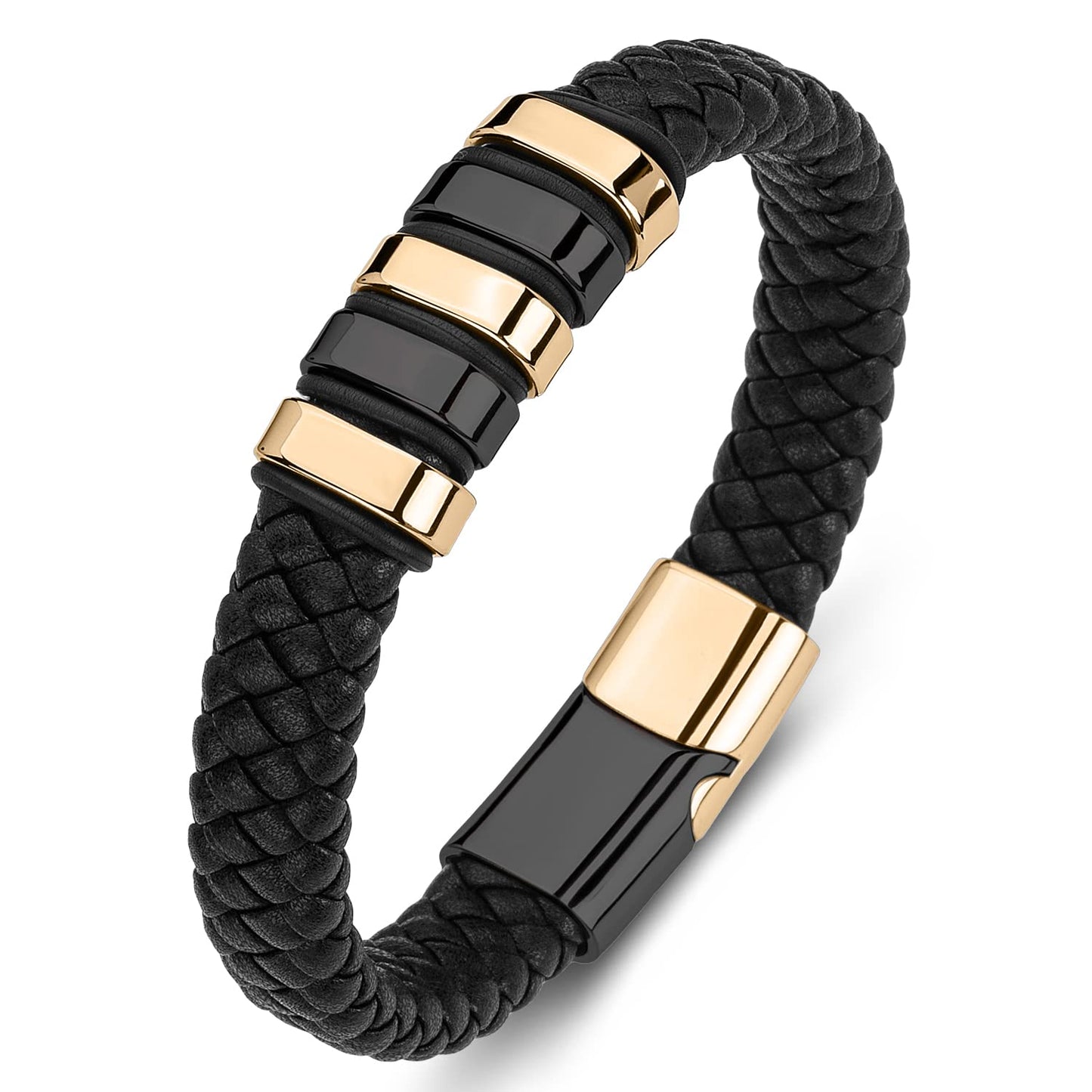 LJWVX Mens Black Leather Bracelets, Braided Leather Wristband CuffBracelet for Men, Gift for Dad