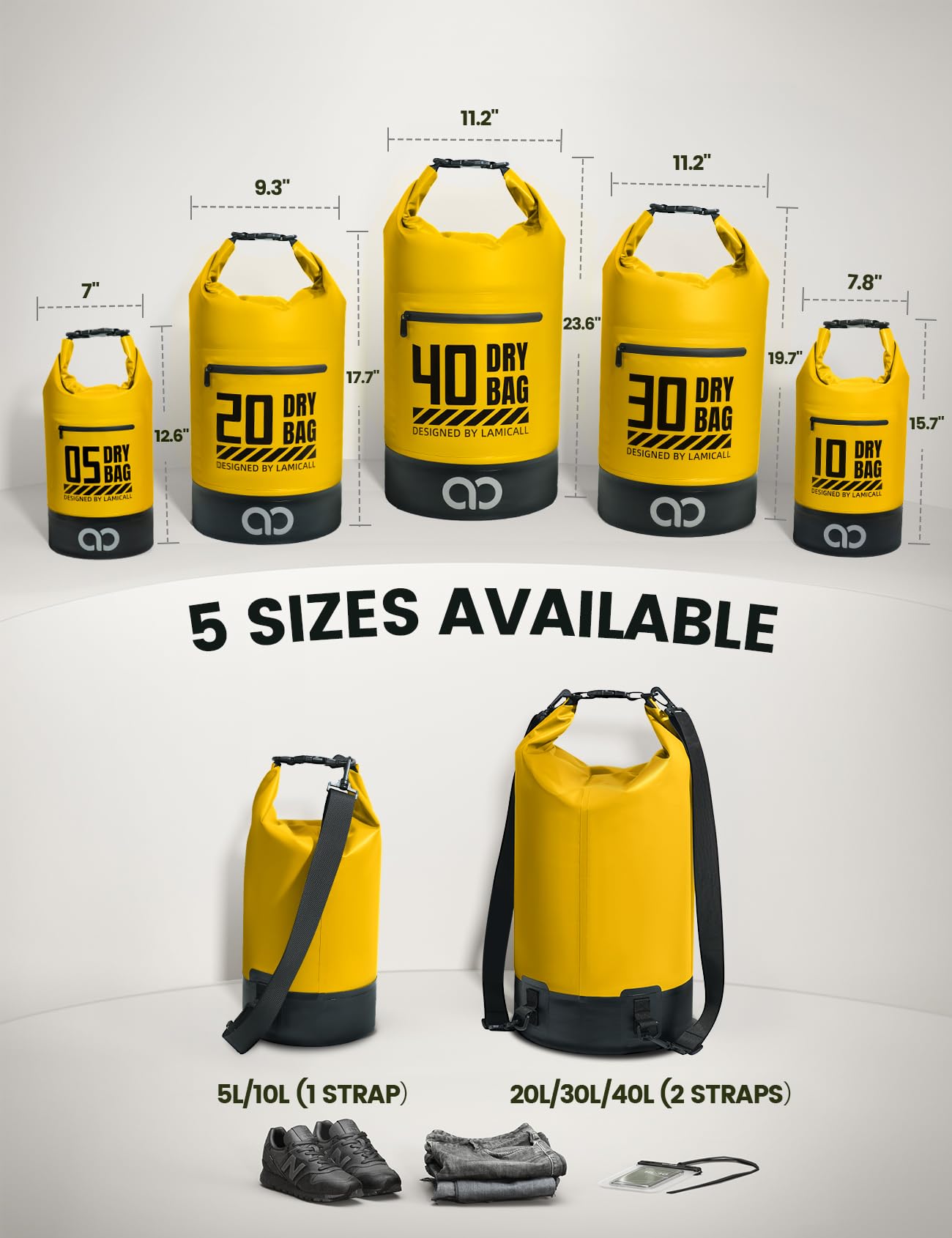 Lamicall Waterproof Dry Bag with Phone Pouch - 5L/10L/20L/30L/40L Floating Roll Top Backpack for Kayaking Boating Beach Camping Fishing - Heavy Duty 500D PVC Marine Dry Sack for Men,Women, Yellow 5L