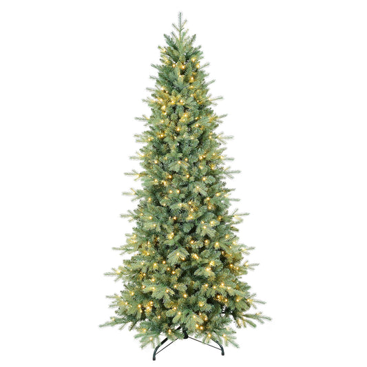 7 FT Prelit Artificial Skinny Christmas Tree,Blue Spruce Slim Pencil Xmas Tree with 1552 PE&PVC Mixed Branch Tips and 400 UL Listed Clear Lights,Hinged Pine Tree with Metal Stand for Home Office Décor