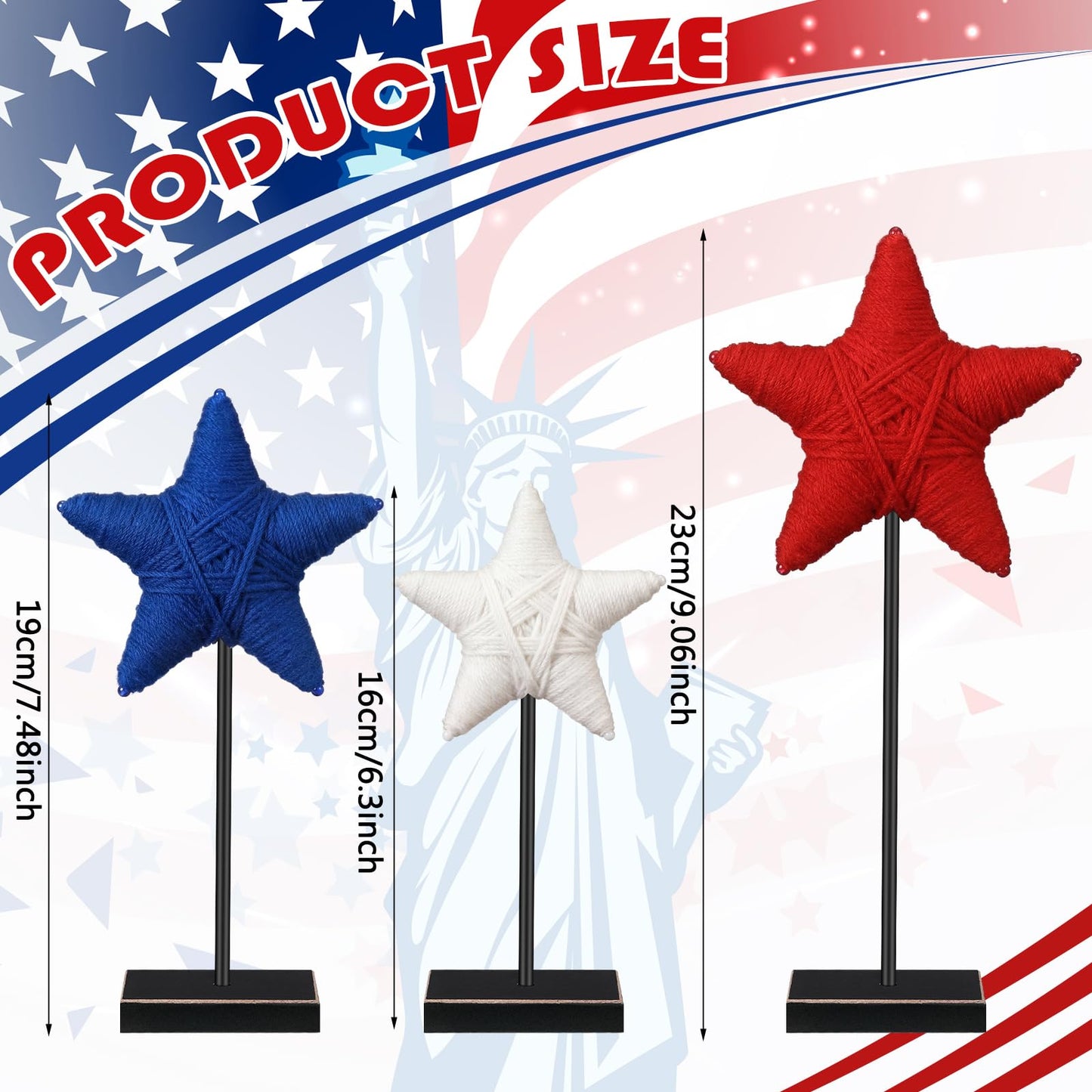 Yousoontic 3 Pcs 4th of July Rustic Patriotic Yarn Wrapped Star 250th Anniversary Tiered Tray Decor Star USA Red White Blue Farmhouse Table Centerpiece Handmade Americana Home Decoration