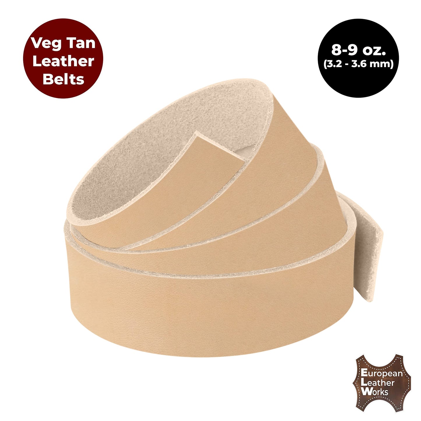 ELW Belt Blanks Strips/Straps 8/9 oz. (3.2-3.6mm) Thickness Size 1-1/4"x84" Full Grain Import Natural Cowhide Vegetable Tanned Leather for Tooling, Engraving, Embossing, Molding, & Dyeing