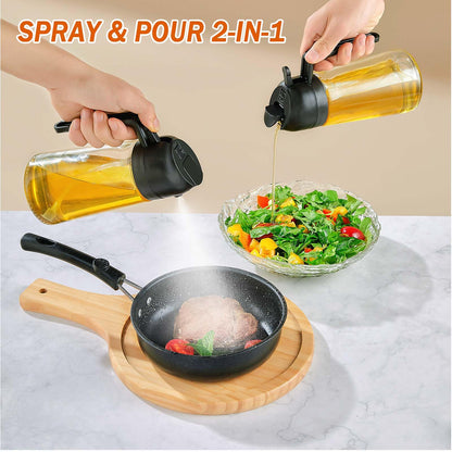 With Stickers 16oz Olive Oil Sprayer for Cooking - 2 in 1 Spray & Pour Olive Oil Dispenser - 470ml Glass Spray Oil Bottle - Kitchen Gadgets