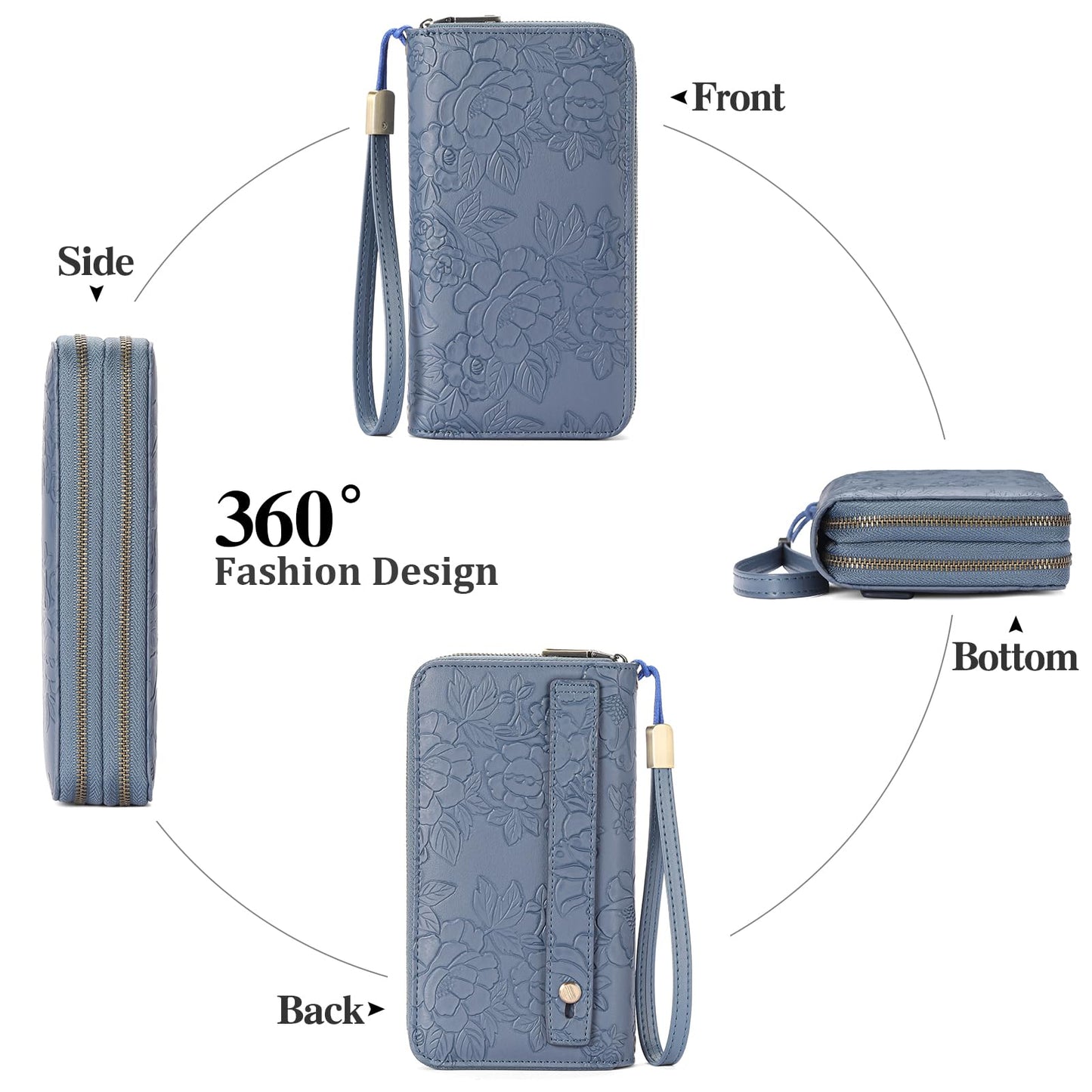 GAEKEAO Womens Wallet Large Capacity with Phone Pocket, Double Zip Around RFID Blocking Clutch Purse Wristlet Grip Hand Strap