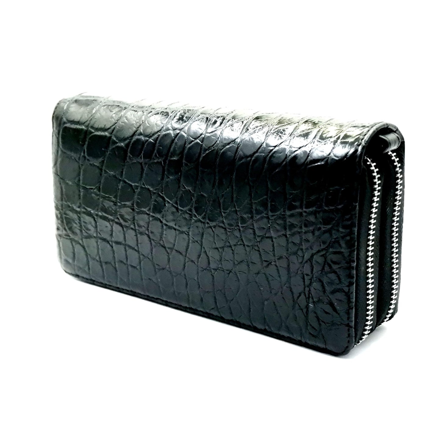 EXSOOTTI New Black Alligator Crocodile Leather Belly Soft Skin Women Double Zipper Clutch Wallet.