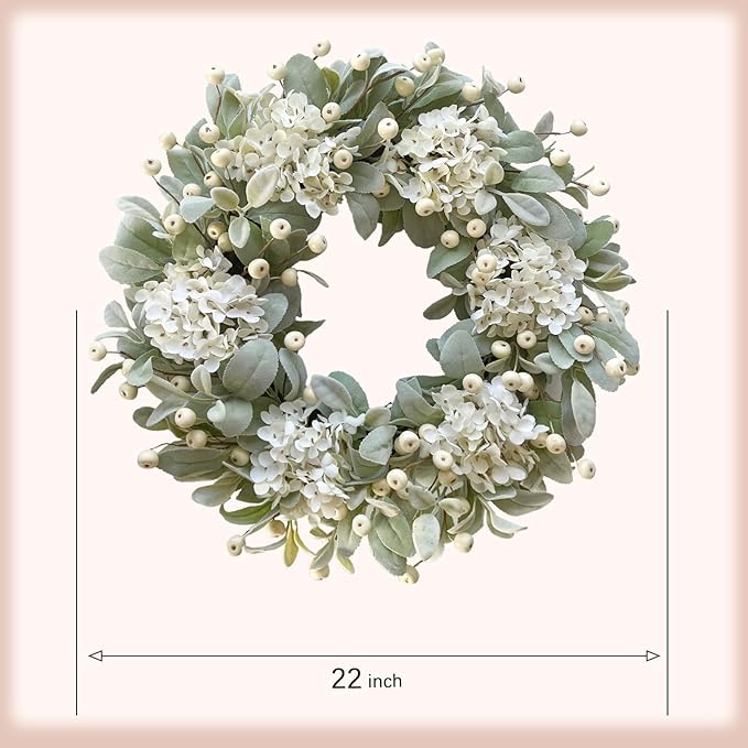 Idyllic 22 Inch Lambs Ears Leaves Everyday Wreath with Ivory Hydrangea and Cream Berries, Spring Summer Greenery Wreath with Burlap Ribbon Bow Knot for Doors, Rustic and Farmhouse Style Home Decor