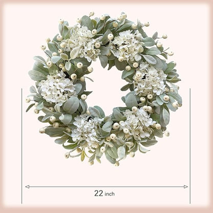 Idyllic 22 Inch Lambs Ears Leaves Everyday Wreath with Ivory Hydrangea and Cream Berries, Spring Summer Greenery Wreath with Burlap Ribbon Bow Knot for Doors, Rustic and Farmhouse Style Home Decor