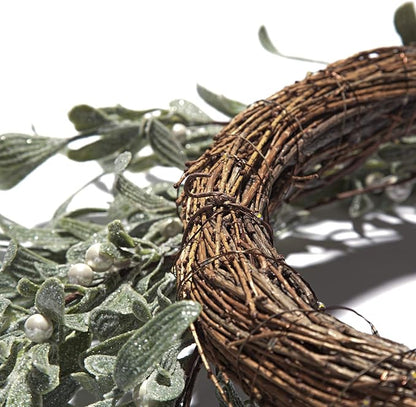 LampLust Winter Wreaths for Front Door Outside, 20 Inch Flocked Wreath with Mistletoe & Pearly White Berries, 75 LED Lights, Battery Powered, Timer, Farmhouse Wreath, Winter Wreaths for Indoors