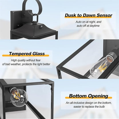 19" Large Dusk to Dawn Outdoor Lighting 2 Pack, Black Sensor Porch Lights Exterior Lighting Fixtures, Modern Wall Lantern Outdoor Wall Lights Waterproof Wall Sconce Lamp for House, Doorway, Garage