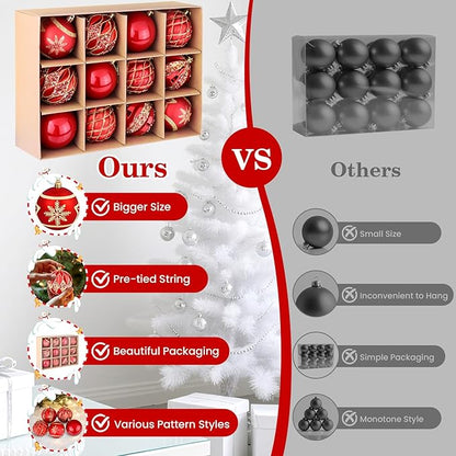 EveryMerry 12-Pack 3.1 Inch Christmas Ornaments Set - Red & Gold Ornament Balls with 5 Various Designs, Decorations with Strings, Sturdy, Kraft Box with Lid for Xmas Tree, Holiday Party & Home Decor