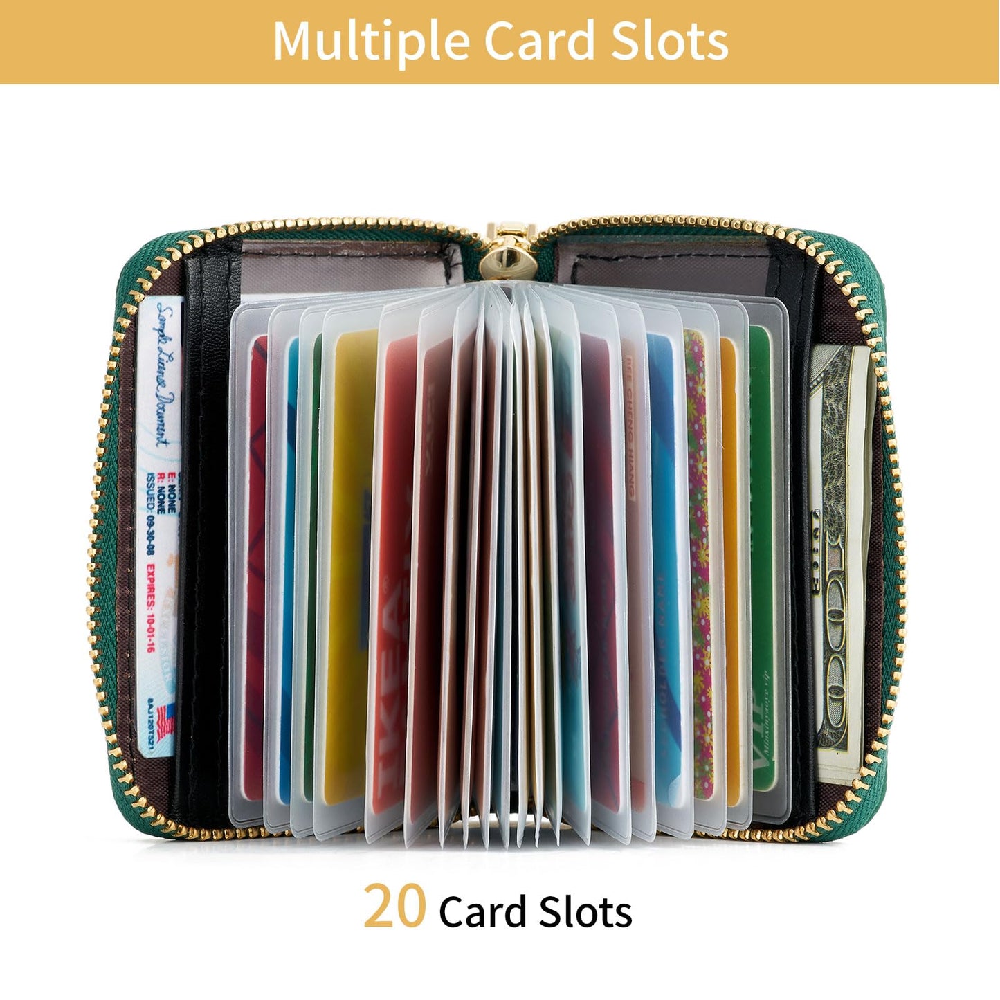WOZEAH Leather Credit Card Holder for Women Wallet RFID Blocking Zipper Wallet Card Case Business（Green）