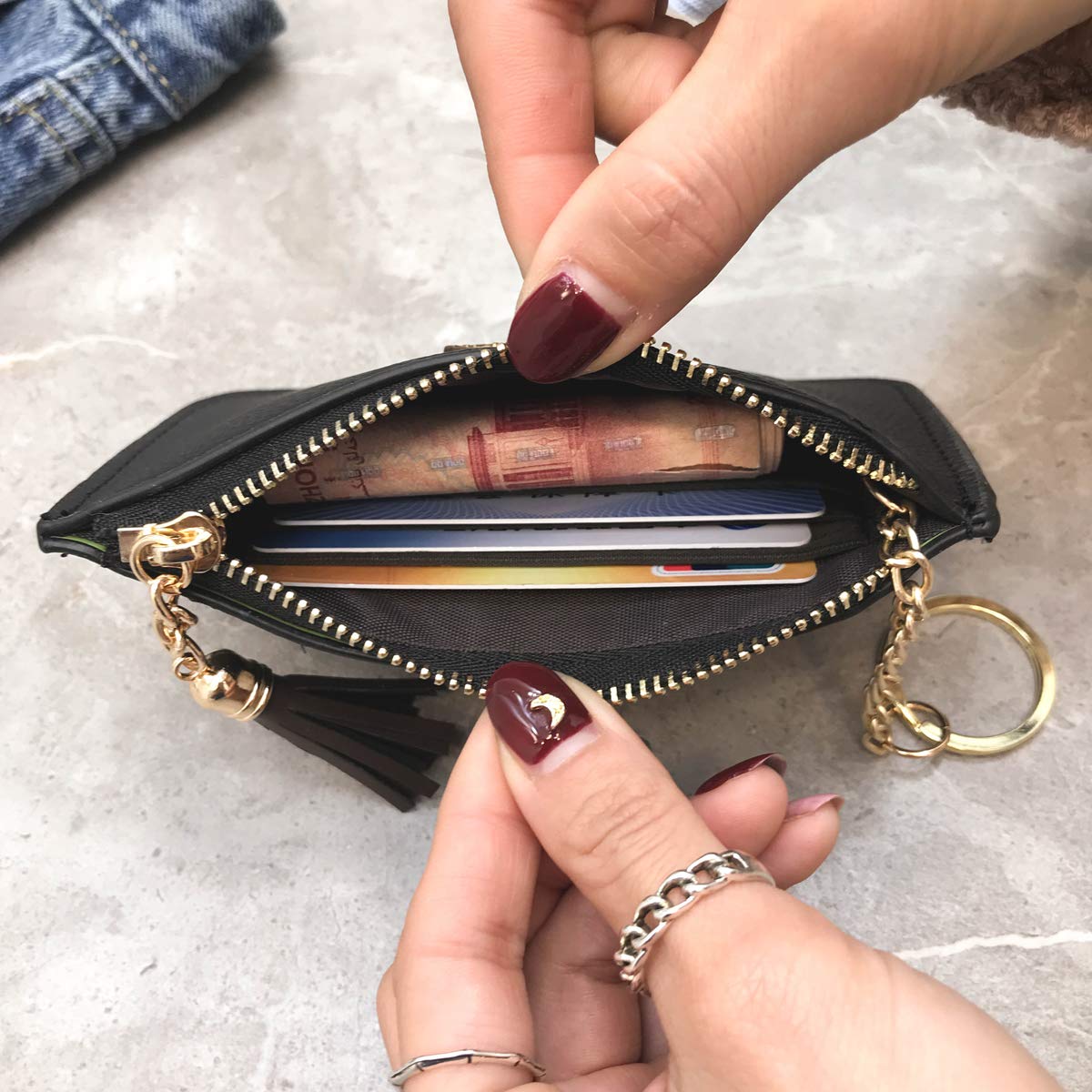 AnnabelZ Women's Coin Purse Change Wallet Pouch Leather Card Holder with Key Chain Tassel Zip (CH Army Green)