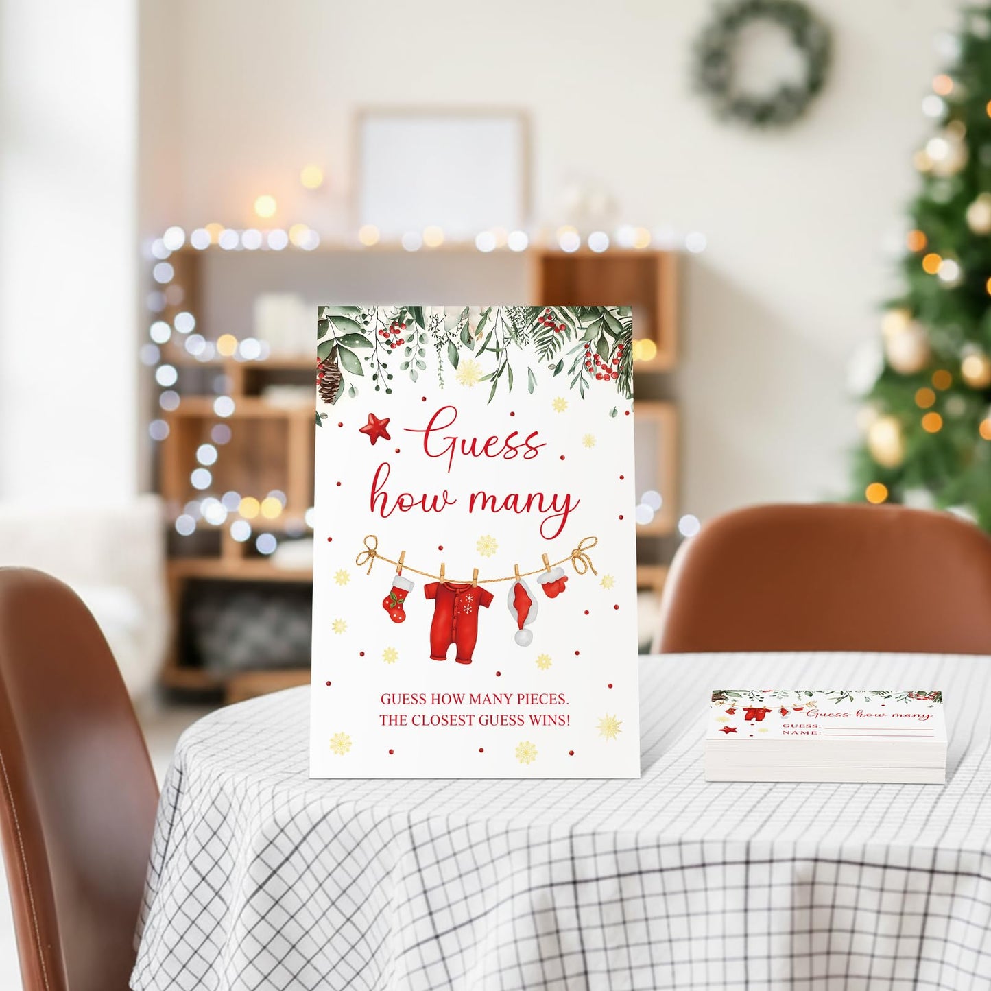 Lerheedi Christmas Guess How Many Baby Shower Game Pack of 1 Tabletop Sign with Stand and 50 How Many Cards, Christmas Gender Reveal Party Game Decorations(Santa)