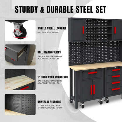 Torin Garage Storage Cabinets System, 6-Pcs Workshop Cabinet Set in Black, Included Steel Cabinets Drawers Rolling Chest and Pegboard,Locked Garage Storage Cabinet