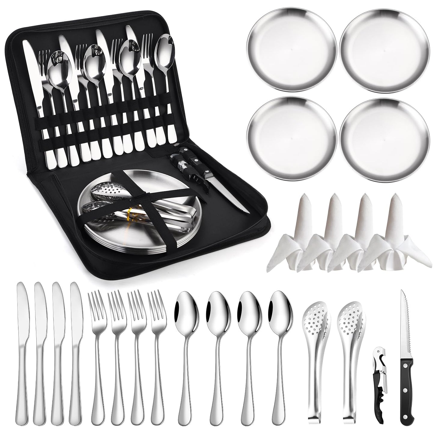 Camping Kitchen Utensils Set - 24 Piece Travel Silverware Cutlery Organizer with case Stainless Steel Reusable Cooking Utensils for 4 Person - Perfect for Hiking, Picnics, Backpacking & BBQ Mess Kit