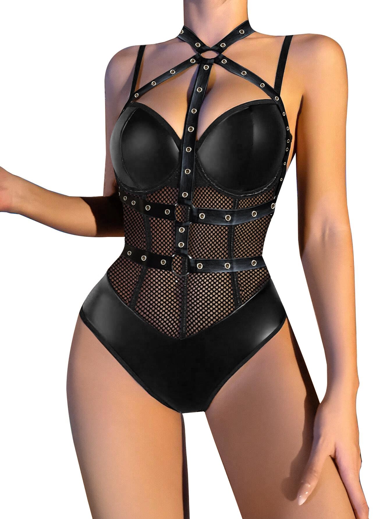 Lilosy Sexy Crisscross Choker Leather Pu Underwire Babydoll Women Harness Teddy Bodysuit Nightshirt One Piece Push Up Mesh Sheer Nightgown Hollow Rivets Fishnet Black Medium
