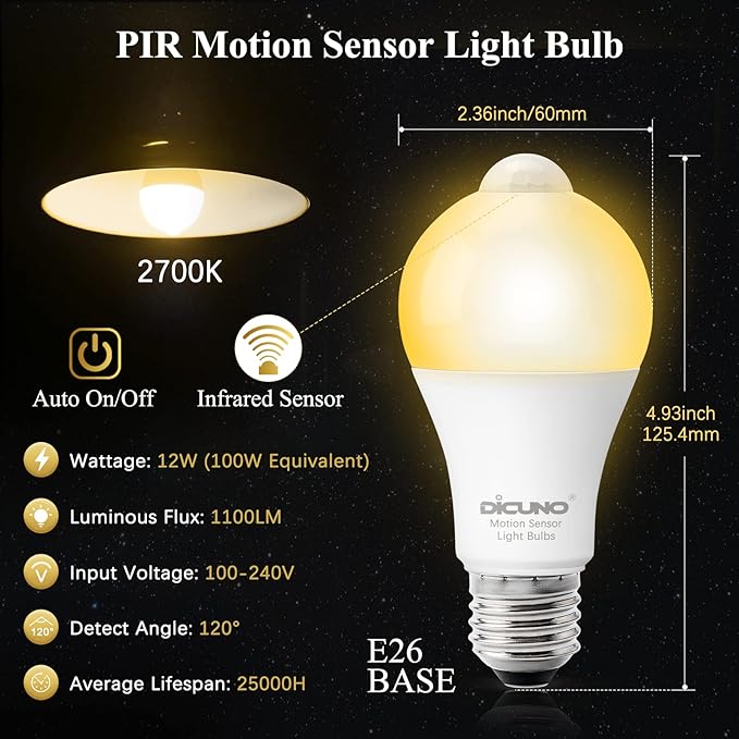 DiCUNO PIR Motion Sensor Light Bulbs, 12W (100W Equivalent) E26 LED Body Motion Sensor Infrared Bulb Auto on/Off, Outdoor/Indoor Light for Front Porch Garage, 1100LM 2700K Warm White, 2 Pack