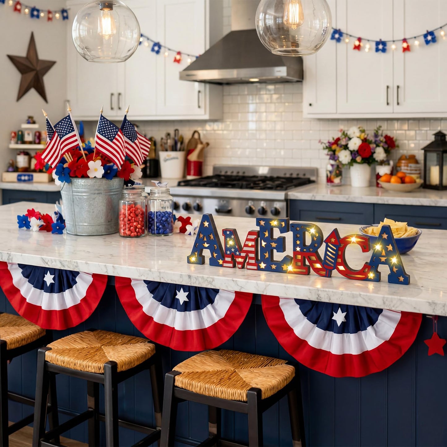Geetery America LED Wooden Sign Patriotic Wooden Words Sign 4th of July Tabletop Centerpiece Decor 250th Anniversary Decorations for Independence Day Memorial Day Party Home Office