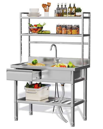 JFHID Stainless Steel Utility Sink with Shelves, Free Standing Single Bowl Commercial Kitchen Sinks with Drawer & Water Pipes, Stainless Steel Prep Table Countertop Workbench for Home Restaurant