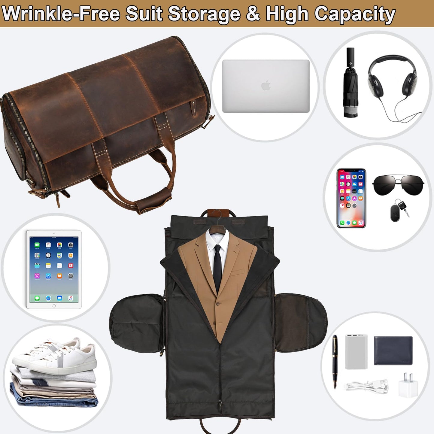 Yevabo Full Grain Genuine Leather 2-in-1 Garment Dufflel Bag for Men Foldable Suit Carrier with Independent Shoe Compartment, Large Capacity Weekender Overnight Travel Bag for Business Trips, Coffee