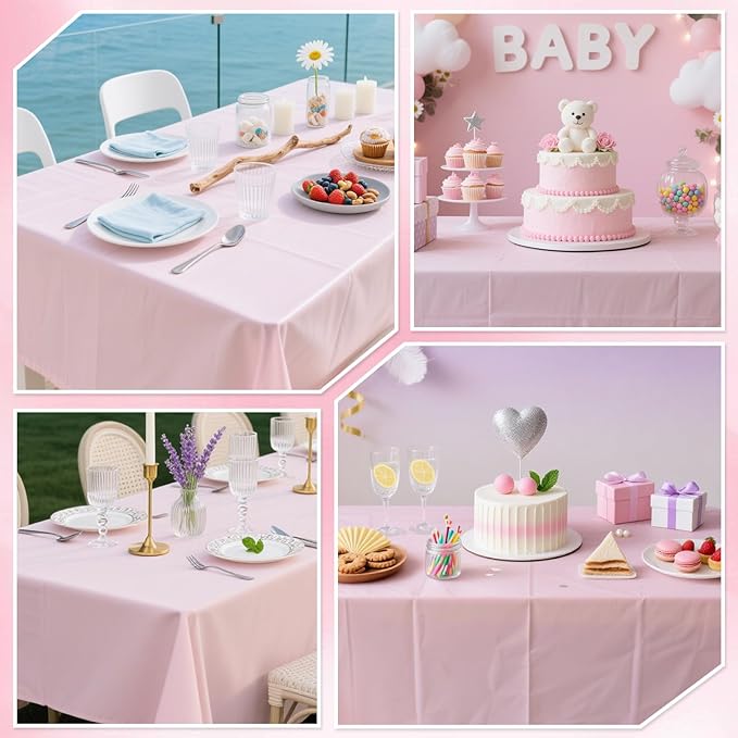 6 Packs Light Pink Tablecloths 54 x 108 Inch Disposable Plastic Pink Table Cloths Waterproof Rectangle Table Covers for Girl Birthday Baby Shower Wedding Ice Cream Decoration