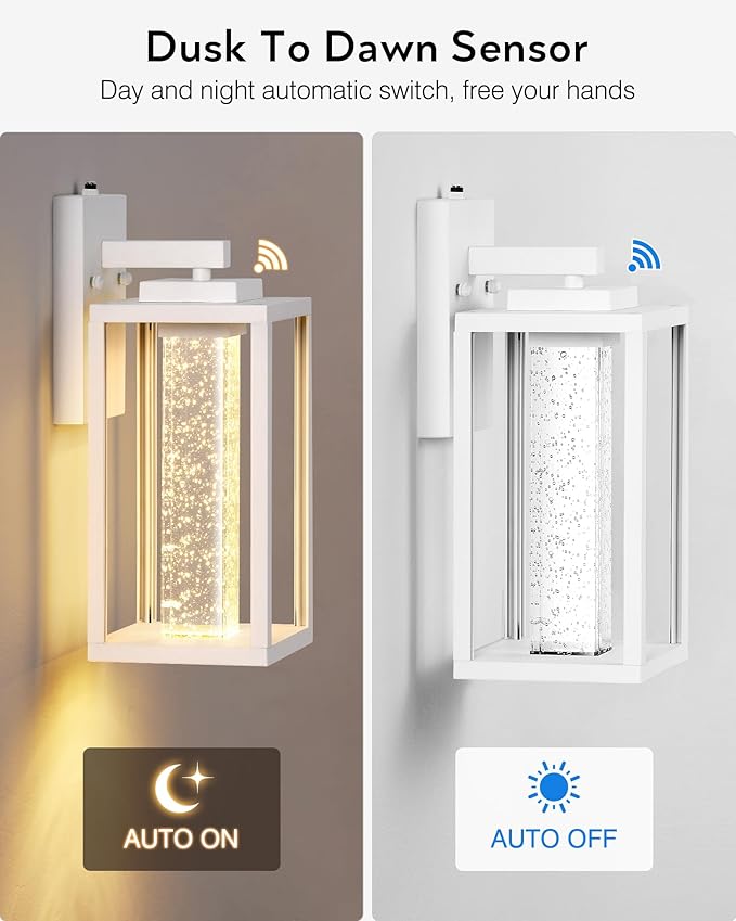 VIANIS White Exterior Lighting Fixtures for House, Large Dusk to Dawn Outdoor Wall Sconce Lantern for Porch, Outdoor Garage Lights Wall Mount with Integrated 10W LED Light Source Crystal Bubble Glass