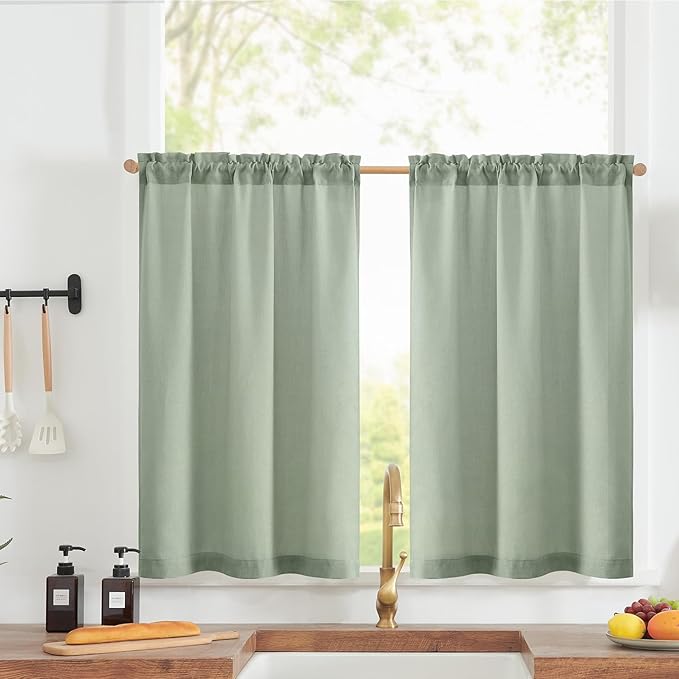 jinchan Linen Textured Tier Curtains 36 Inch for Kitchen Windows Farmhouse Cafe Curtains Small Drapes Rustic Light Filtering Half Window for Living Room Laundry Rod Pocket 2 Panels Green