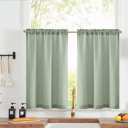 jinchan Linen Textured Tier Curtains 24 Inch for Kitchen Windows Farmhouse Cafe Curtains Small Drapes Rustic Light Filtering Half Window for Living Room Laundry Rod Pocket 2 Panels Green