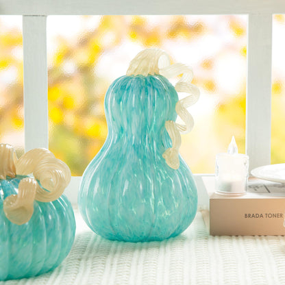 Glitzhome Hand Blown Glass Pumpkin Decor 8.5" Turquoise - Artisan Fall Harvest Thanksgiving Table Centerpiece Halloween Home Decor