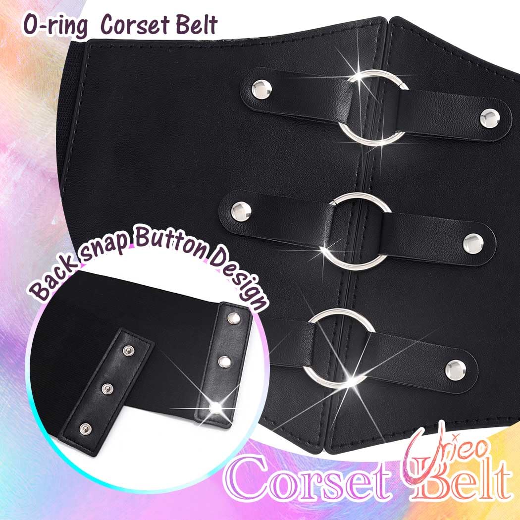Urieo O-ring Black Corset Belt Leather Elastic Waist Cincher Belts Wide Stretch Halloween Costume Dresses Waspie Belt for Women