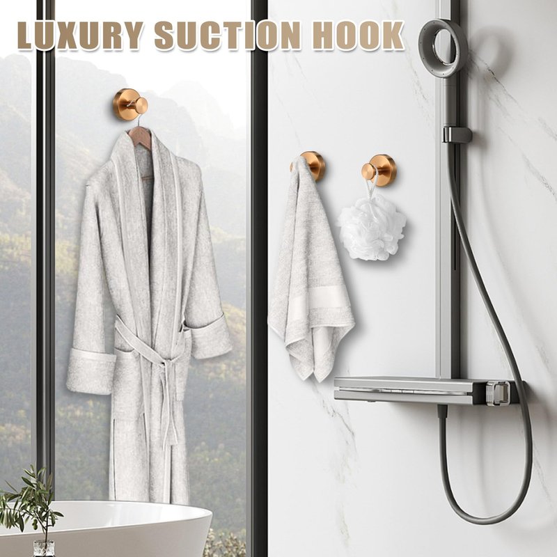 Fenas Suction Cup Hooks for Shower No-Drill Bathroom Hooks for Towels, Robes, Loofah Mountable on Bathroom Walls, Kitchen, Glass, Mirrors, Tile and Smooth,Non-Porous Surfaces (2, Champagne Bronze)