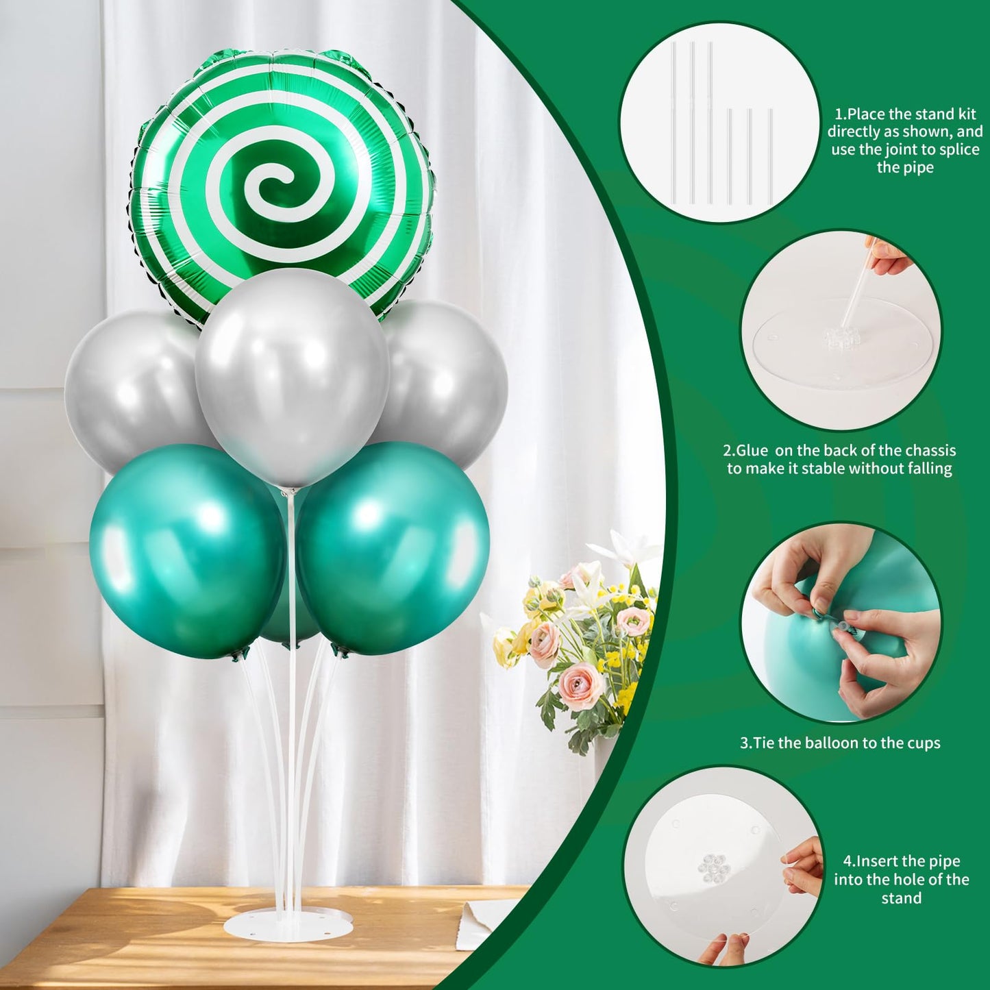 2 Sets Red White Lollipop Balloon Stand Kit, 18 Inch Swirl Foil Balloons Table Centerpieces for Candyland Birthday Party Decorations, Baby Shower, Sweet Candy Themed Party Supplies-Green