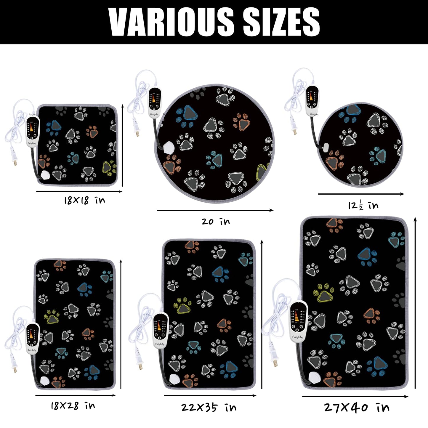 furrybaby Pet Heating Pad, Waterproof Dog Heating Pad Mat for Cat with Durable Anti-Bite Tube Indoor for Puppies Dogs Cats (1 Pack Black, 34 X 24in, Temp Adjustable)