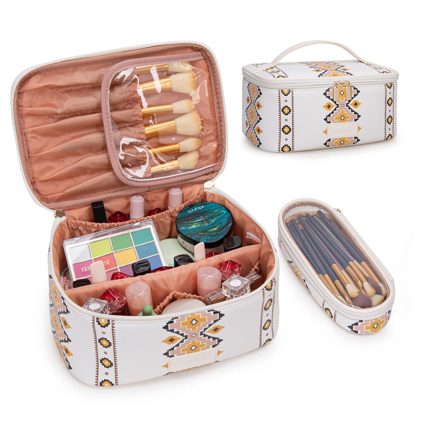 Montana West X Wrangler Travel Makeup Bag 2pcs Set Large Cosmetic Bag with Makeup Brush Holder Portable Make Up Organizer Cute Toiletry Bag with Divider and Handle for Women Aztec
