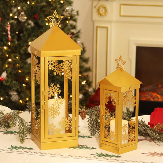 NEEDOMO Christmas Decorations Outdoor&Indoor, 17''/12'' Metal Candle Lantern Decor,Christmas Lanterns with Snowflakes Stars and LED Candle for Home Porch Patio Table Centerpieces, Xmas,No Glass