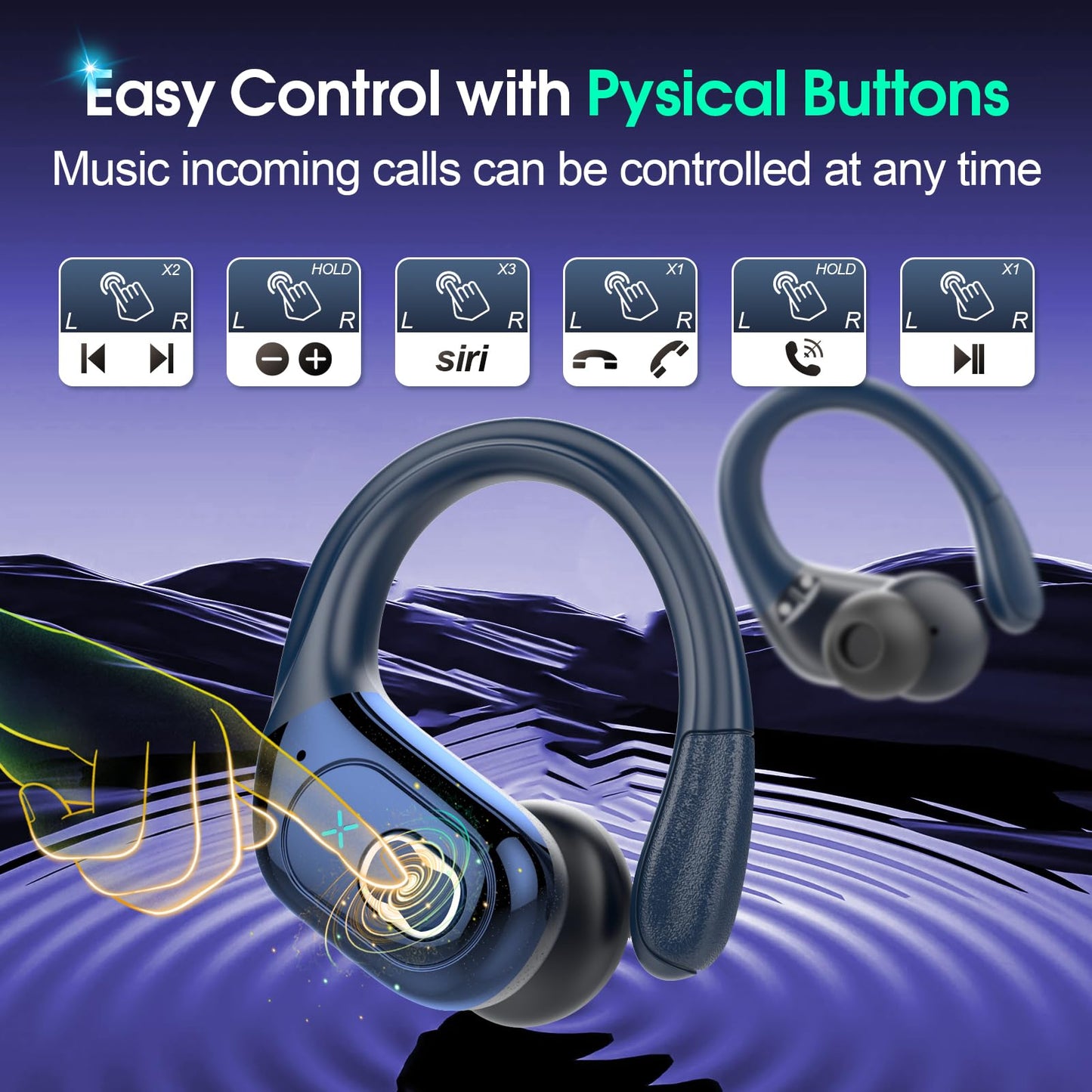 Wireless Earbuds 75hrs Bluetooth 5.4 Headphone Sport, 2026 Bluetooth Earbuds Stereo Deep Bass Over Ear Bud with Earhooks, ENC Noise Cancelling Mic, IPX7 Waterproof Earphone for Gym/Workout, Royal Blue