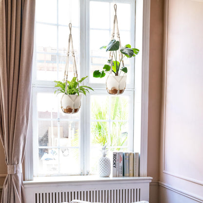 Mkono 7.5 Inch Hanging Planters, Macrame Plant Hangers with Self Watering Plant Pots Indoor Set of 2 Hanging Baskets Flower Pot Holders with Hooks No Tassels for Boho Home Decor, Ivory