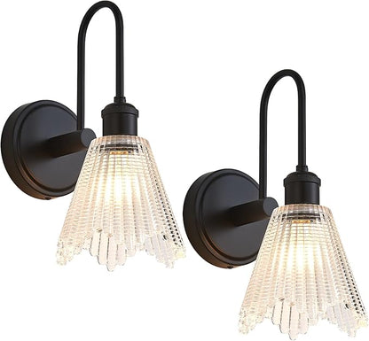 Wall Sconce Set of 2, Black Vintage Light Fixtures with Long Clear Glass Lampshade, Hardwired Sconces Wall Lighting for Bedroom, Bathroom, Living Room | Includes 2 LED Bulbs