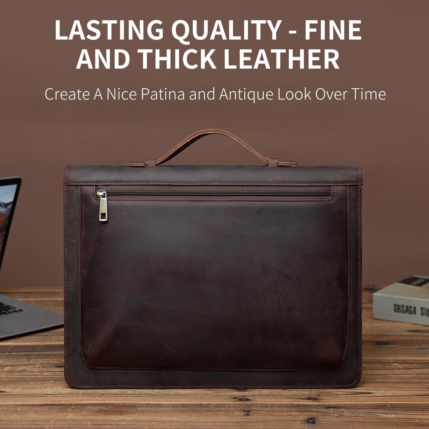 YIWEN Personalized Leather Portfolio with Handle – Zippered Front Pocket, Writing Pad Clip, Letter Size Notepad Holder, Professional Business Padfolio for Men Women (Dark Brown, Crazy Horse Leather)