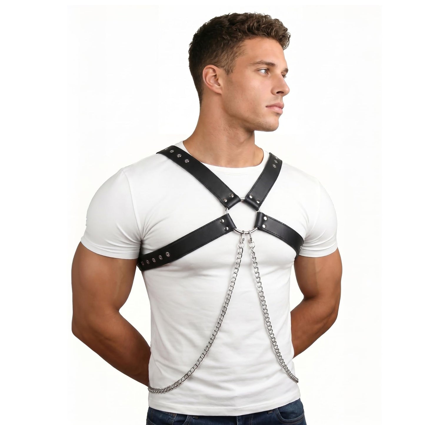 Brycarely Mens PU Leather Chest Harness Chains Costume Cosplay Top, Adjustable Body Harness Shoulder Straps Male Punk Fashion Steatement Rave Outfit for Music Festival Party Halloween Cosplay D167