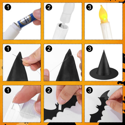 80 Pcs Halloween Hanging Witch Hats and Taper Floating Candles Set Includes 12 Witch Hats 12 LED Floating Candles Lights 56 3D Bats Wall Stickers for Halloween Decoration Front Porch Yard Decor