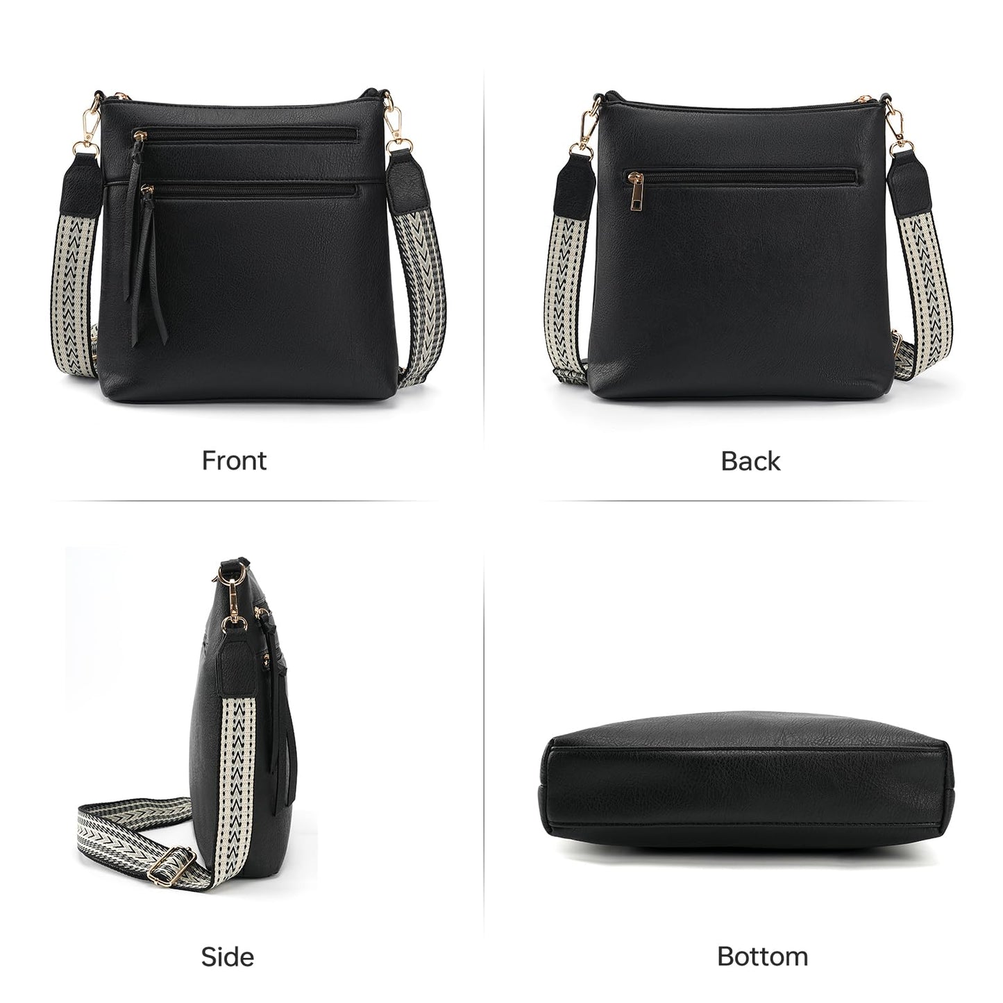 GEMIU Small Crossbody Bags for Women Travel Multi Pocket Crossbody Purse Women's Crossbody Handbags with Guitar Strap Black