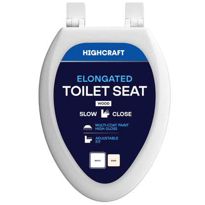 HIGHCRAFT Premium Elongated Toilet Seat with Slow-Close Design & Adjustable Hinges - Molded Wood Toilet Seat - Fits Standard Elongated Toilets - Oval Seat in White