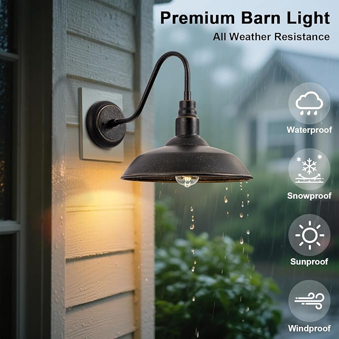 Gooseneck Outdoor Light Fixture, 10" Dome Exterior Farmhouse Lights for Barn, Bronze Porch Lighting, Gooseneck Wall Sconce for Patio Garage House