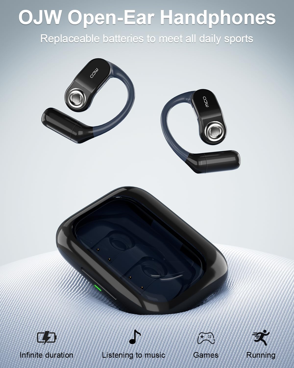 OJW Open Ear Headphones, Unlimited Power Earphones with Case & Replaceable Battery, OWS Bluetooth 5.4 Wireless Headphone with Mic, IPX7 Waterproof Headset for Sports, Compatible with iPhone & Android