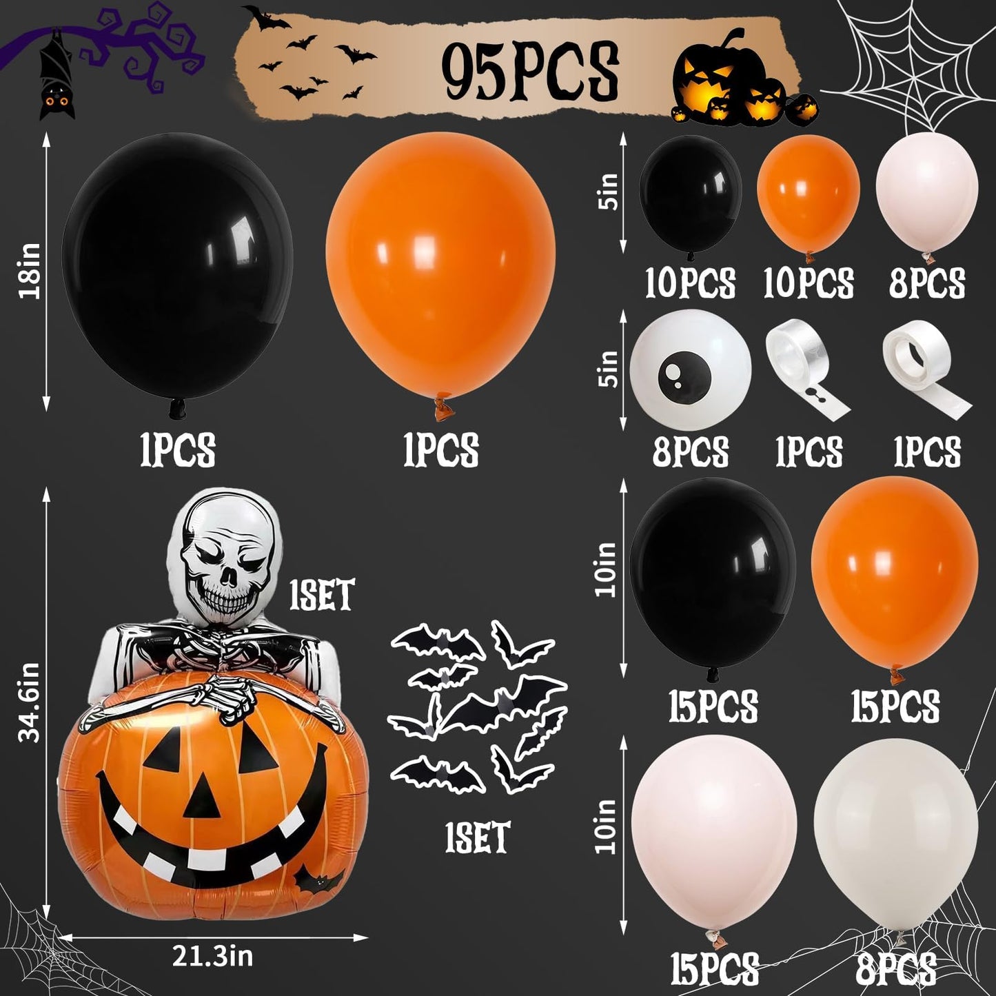 Halloween Balloons Arch Black Orange Beige Balloons Garland Halloween Birthday Party Decorations Orange Black Nude White Sand Latex Balloons with Pumpkin Foil Balloon Eye Print 3D Bat Stikers Decor