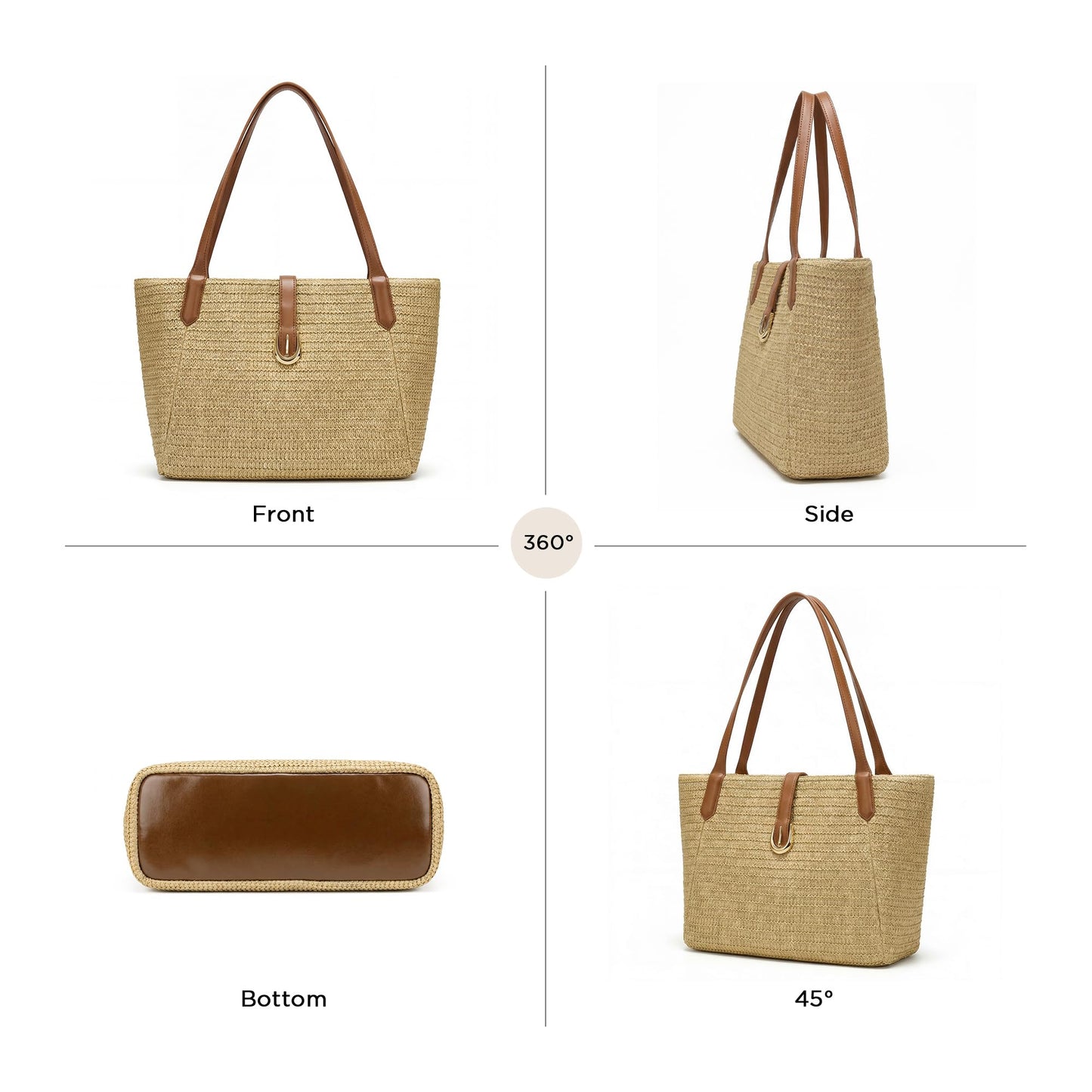 CHUNLI Straw Beach Bag for Women, Woven Raffia Summer Tote with Leather Handles, Boho Vacation Resort Shoulder Tote Bag
