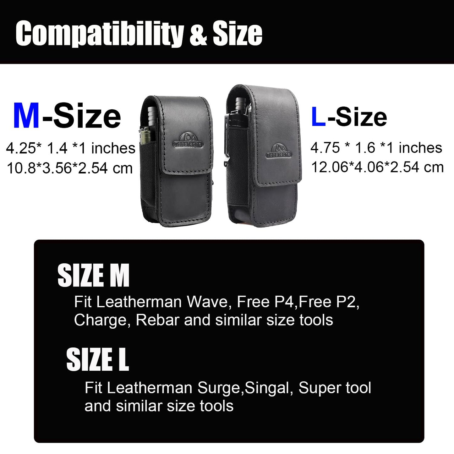 Topstache Leather Multitool Sheath - Multitool Holster for Belt - Pocket Organizer for Work - Multi Tool Holder for Leatherman, Gerber, SOG - Magnetic Closure EDC Belt Pouch, M, Black